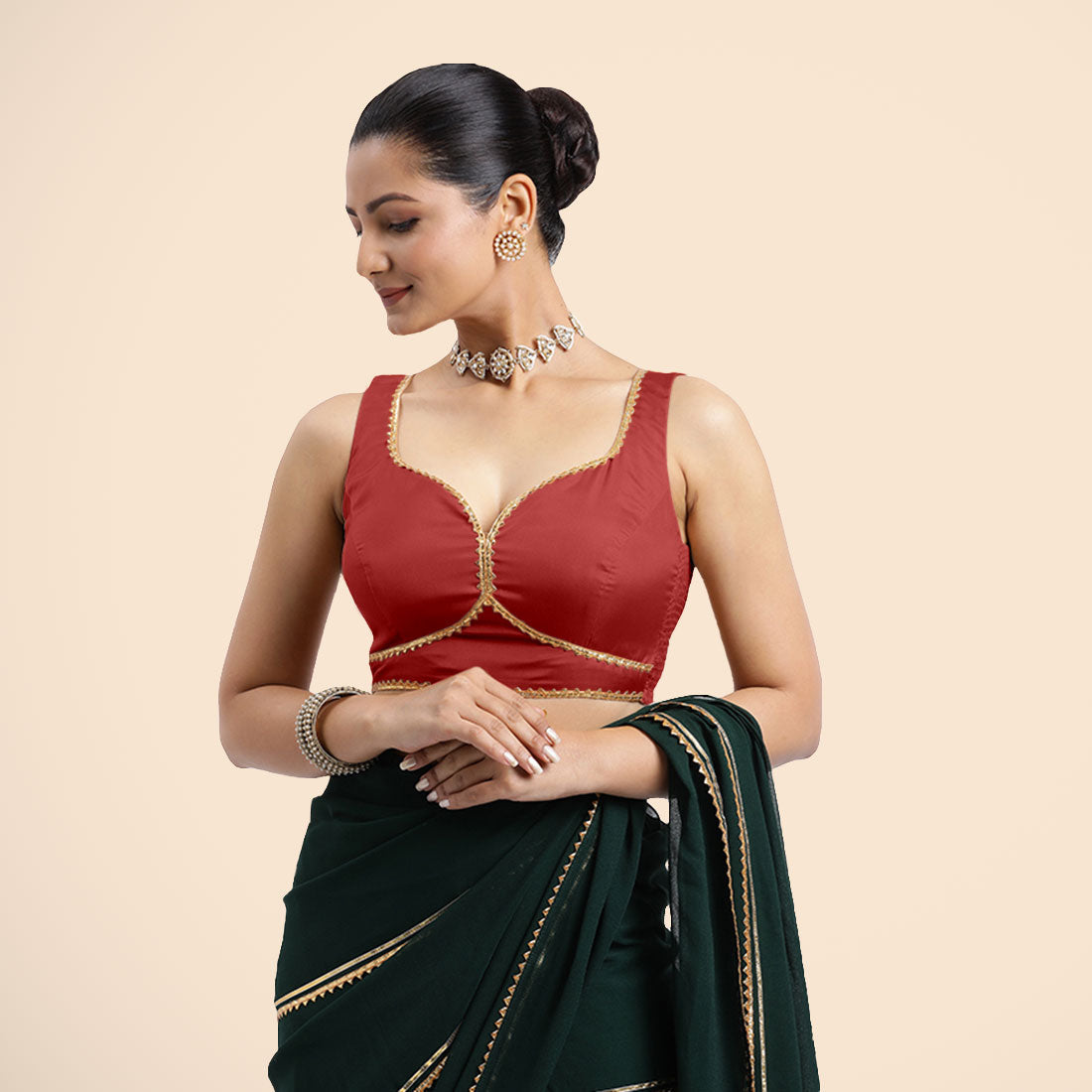 Ishika x Tyohaar Saree Blouse, in Red Vegan Silk, featuring sleeveless and sweetheart neckline, made for party & festive.
