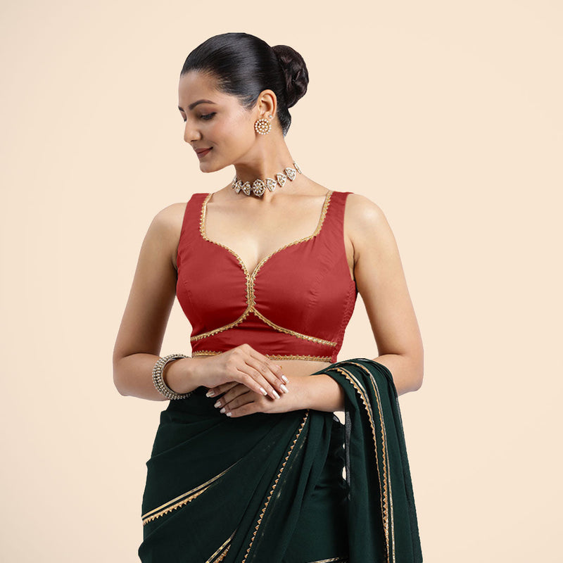 Ishika x Tyohaar | Crimson Red Sleeveless FlexiFit™ Saree Blouse with Beetle Leaf Neckline with Golden Gota Lace and Back Cut-out with Tie-Up-Binks