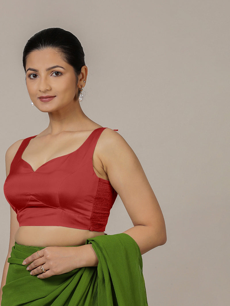 Ishika x Rozaana | Crimson Red Sleeveless FlexiFit™ Saree Blouse with Beetle Leaf Neckline and Back Cut-out with Tie-Up-Binks