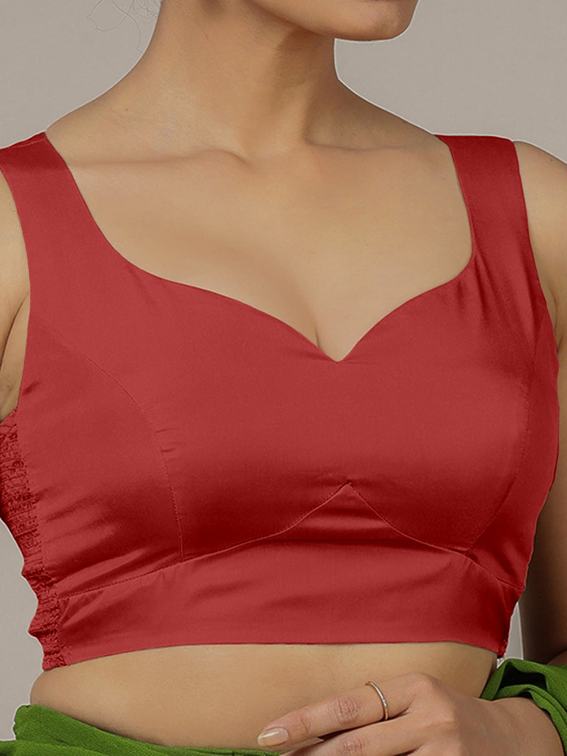 Ishika x Rozaana | Crimson Red Sleeveless FlexiFit™ Saree Blouse with Beetle Leaf Neckline and Back Cut-out with Tie-Up-Binks