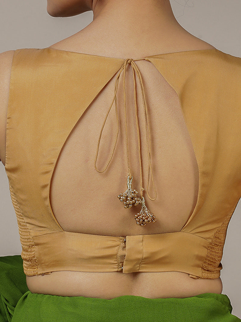 Ishika x Rozaana | Gold Sleeveless FlexiFit™ Saree Blouse with Beetle Leaf Neckline and Back Cut-out with Tie-Up-Binks