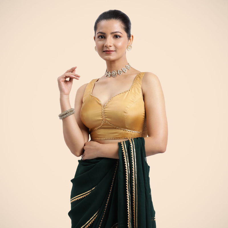 Ishika x Tyohaar | Gold Sleeveless FlexiFit™ Saree Blouse with Beetle Leaf Neckline with Golden Gota Lace and Back Cut-out with Tie-Up-Binks