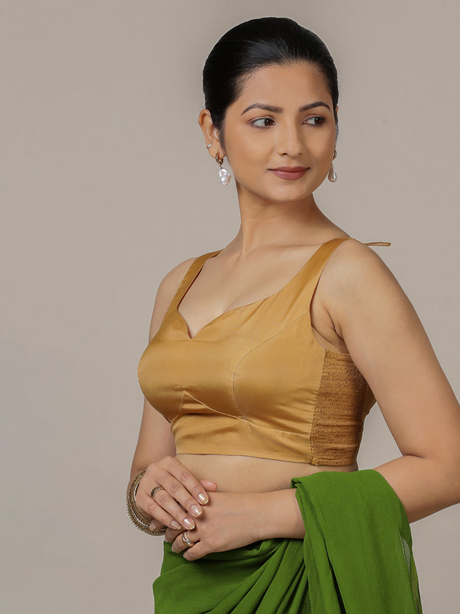 Ishika x Rozaana Saree Blouse, in Gold Vegan Silk, featuring sleeveless and sweetheart neckline, made for party & festive.