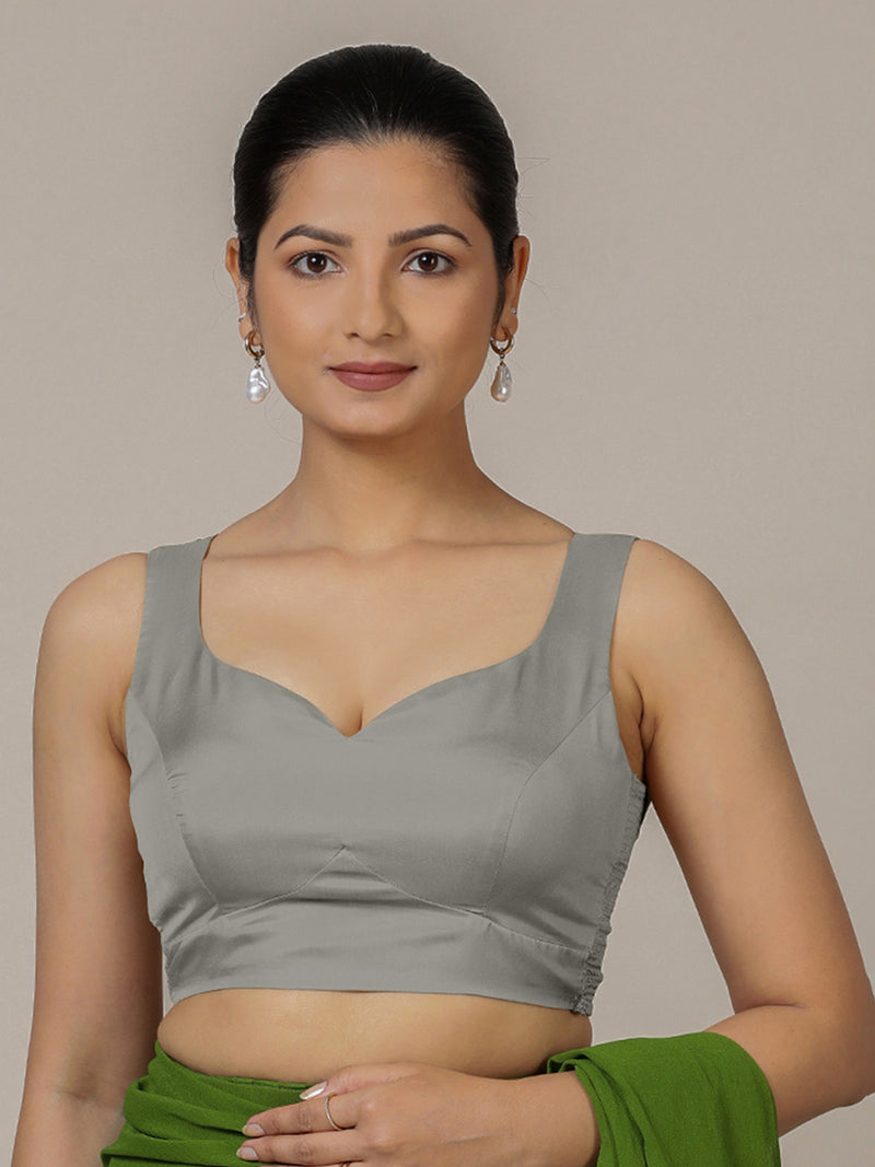 Ishika x Rozaana | Grey Sleeveless FlexiFit™ Saree Blouse with Beetle Leaf Neckline and Back Cut-out with Tie-Up-Binks