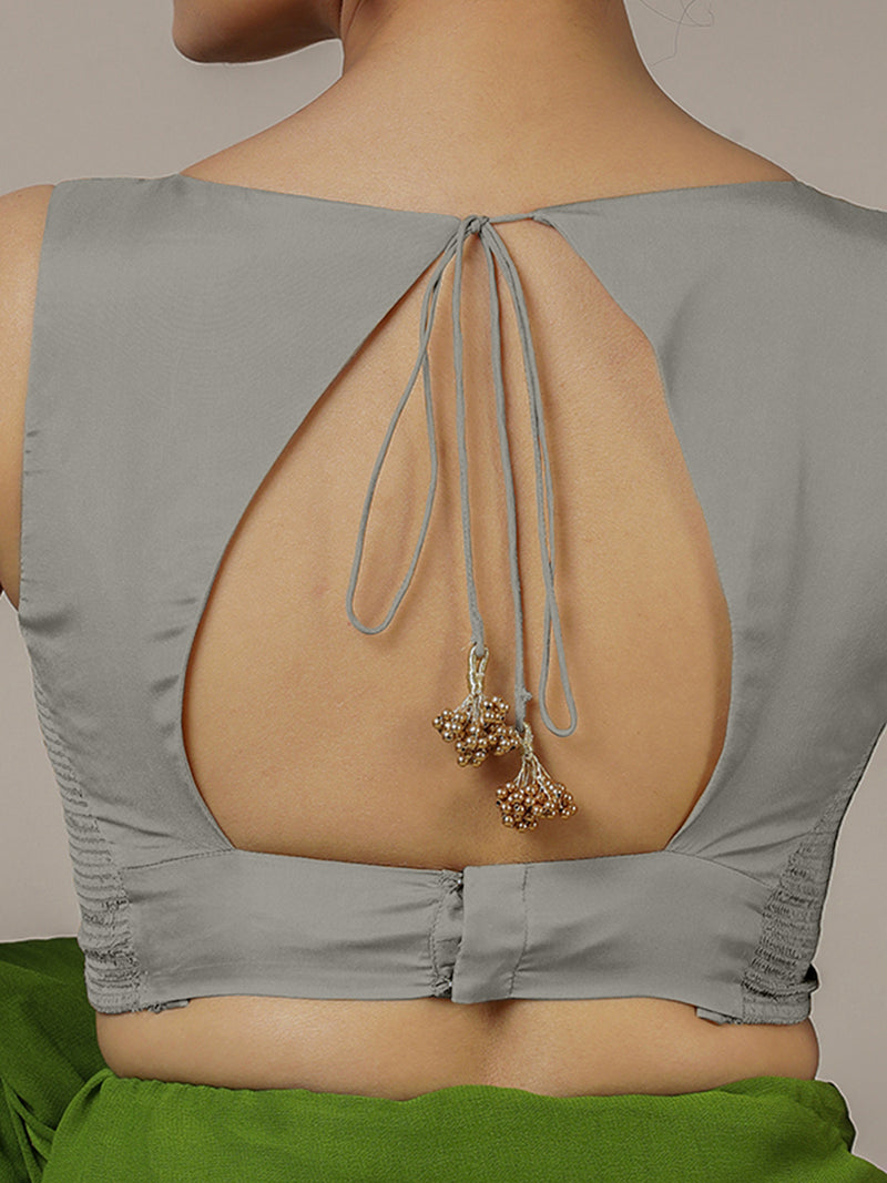 Ishika x Rozaana | Grey Sleeveless FlexiFit™ Saree Blouse with Beetle Leaf Neckline and Back Cut-out with Tie-Up-Binks