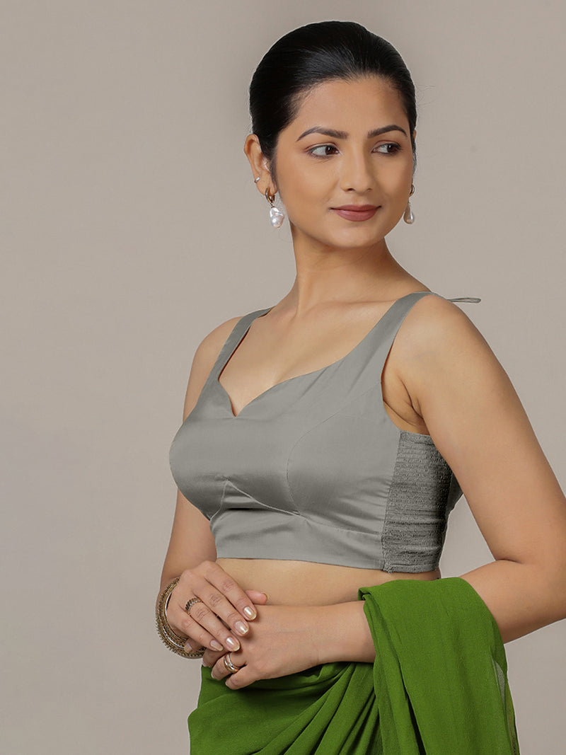 Ishika x Rozaana | Grey Sleeveless FlexiFit™ Saree Blouse with Beetle Leaf Neckline and Back Cut-out with Tie-Up-Binks