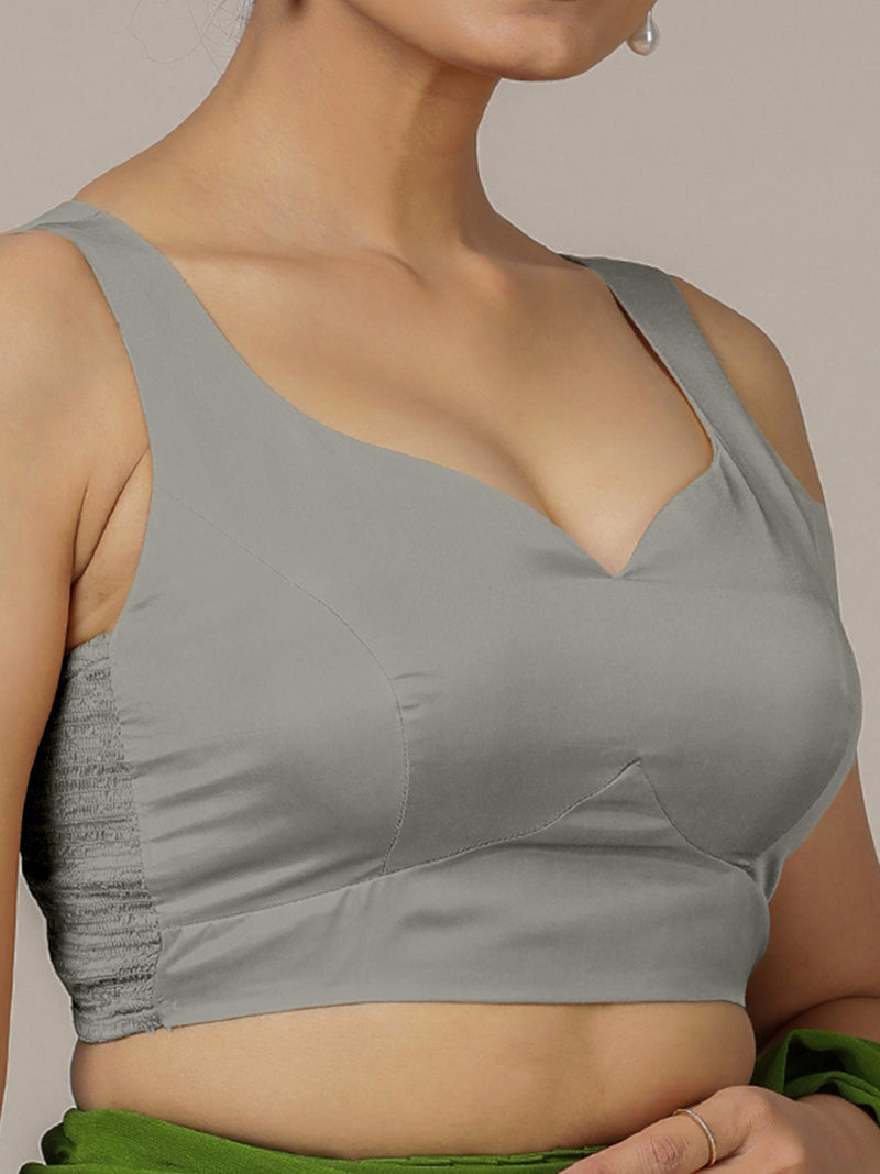 Ishika x Rozaana | Grey Sleeveless FlexiFit™ Saree Blouse with Beetle Leaf Neckline and Back Cut-out with Tie-Up-Binks