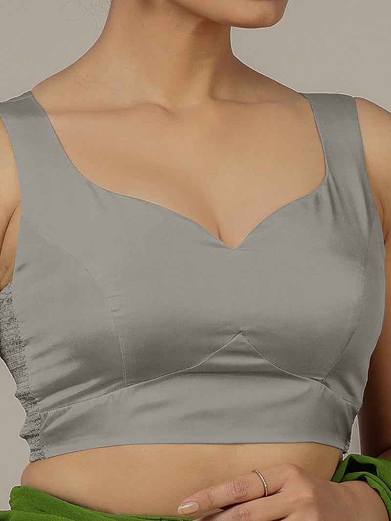 Ishika x Rozaana | Grey Sleeveless FlexiFit™ Saree Blouse with Beetle Leaf Neckline and Back Cut-out with Tie-Up-Binks
