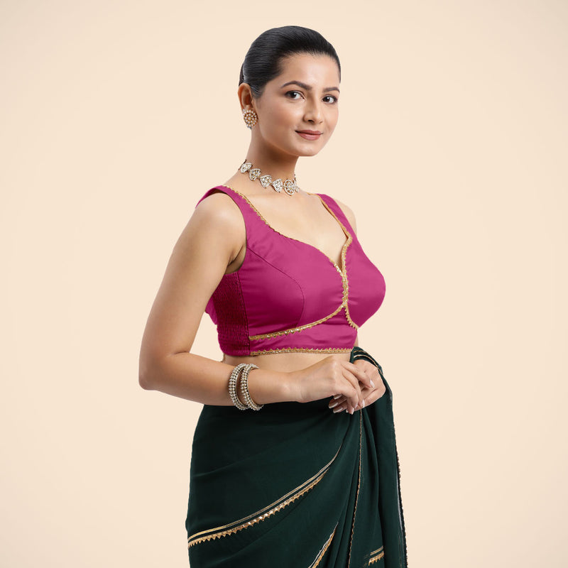 Ishika x Tyohaar | Sleeveless Hot Pink FlexiFit™ Gota Embellished Saree Blouse with Sweetheart Neck-Binks
