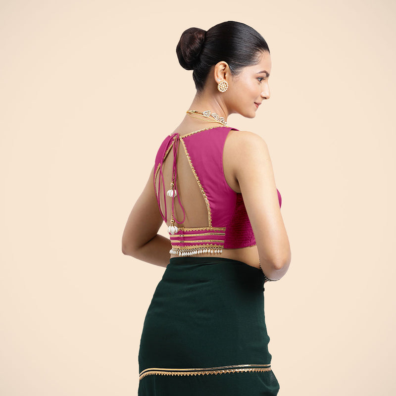 Ishika x Tyohaar | Sleeveless Hot Pink FlexiFit™ Gota Embellished Saree Blouse with Sweetheart Neck-Binks