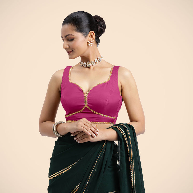 Ishika x Tyohaar | Sleeveless Hot Pink FlexiFit™ Gota Embellished Saree Blouse with Sweetheart Neck-Binks