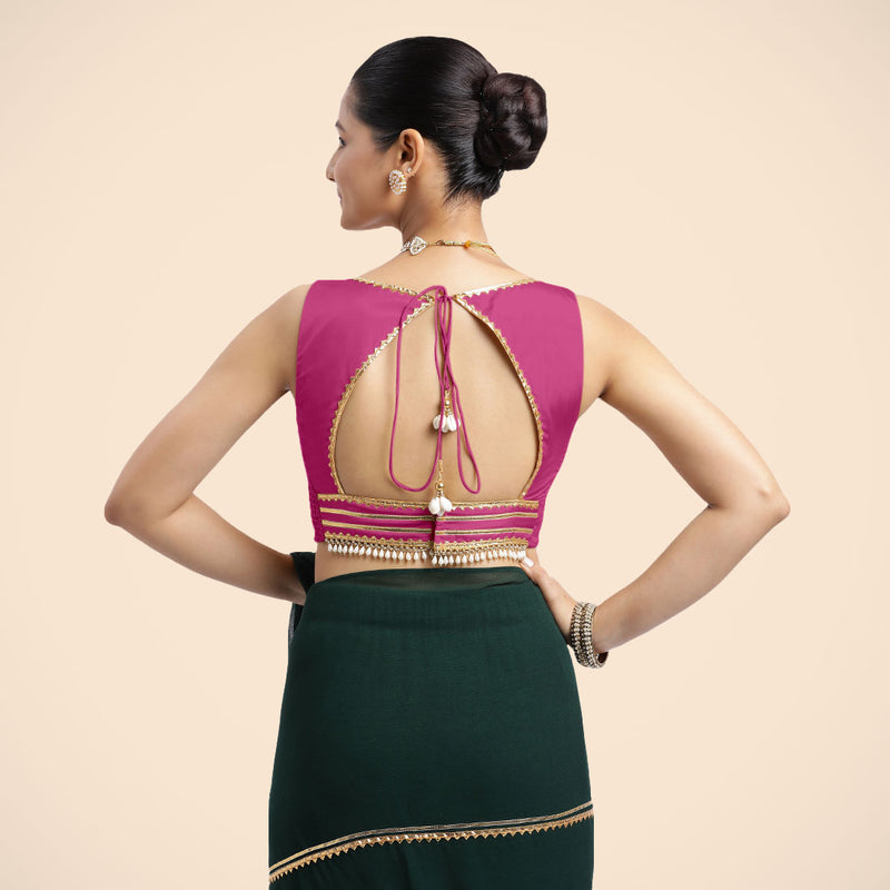Ishika x Tyohaar | Sleeveless Hot Pink FlexiFit™ Gota Embellished Saree Blouse with Sweetheart Neck-Binks