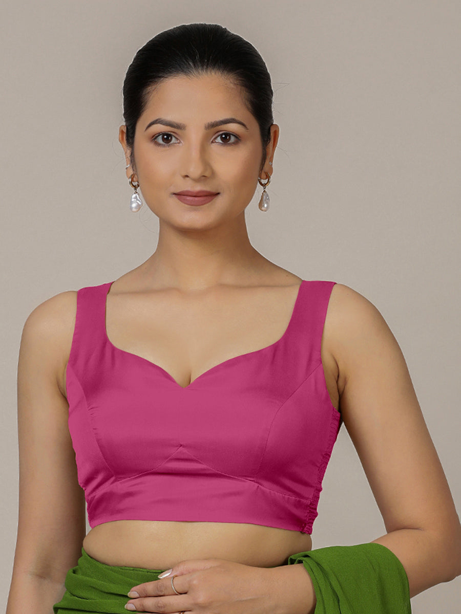 Ishika x Rozaana Saree Blouse, in Pink Artificial Silk, featuring sleeveless and sweetheart neckline (view 6).