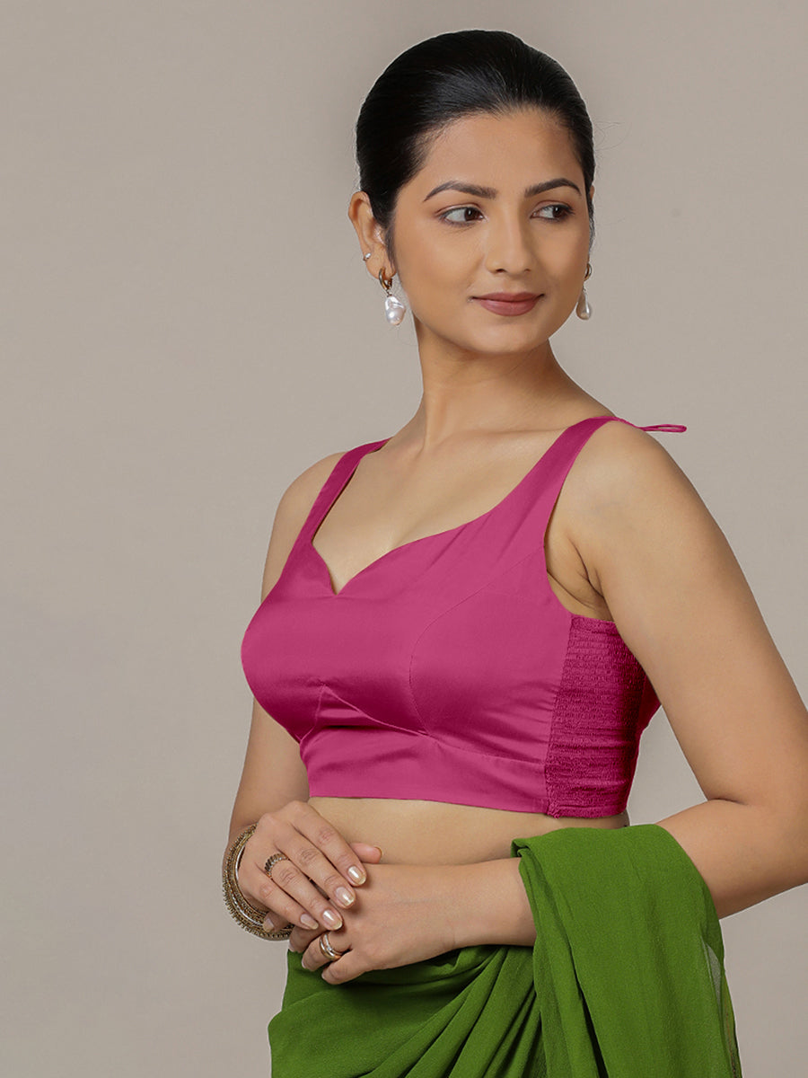 Ishika x Rozaana Saree Blouse, in Pink Artificial Silk, featuring sleeveless and sweetheart neckline (view 8).