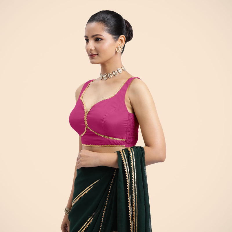 Ishika x Tyohaar | Sleeveless Hot Pink FlexiFit™ Gota Embellished Saree Blouse with Sweetheart Neck-Binks