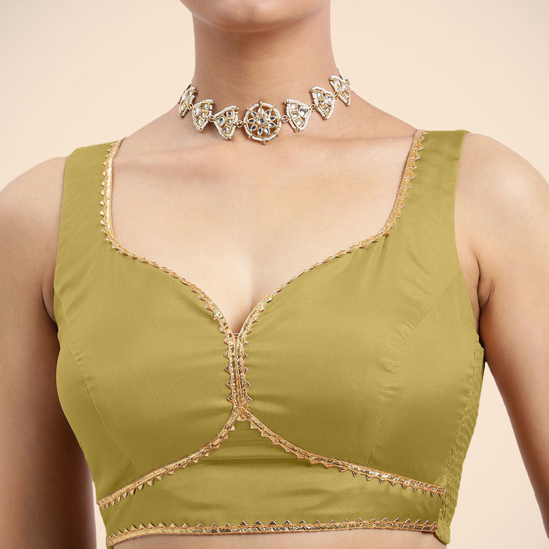 Ishika x Tyohaar | Lemon Yellow Sleeveless FlexiFit™ Saree Blouse with Beetle Leaf Neckline with Golden Gota Lace and Back Cut-out with Tie-Up-Binks