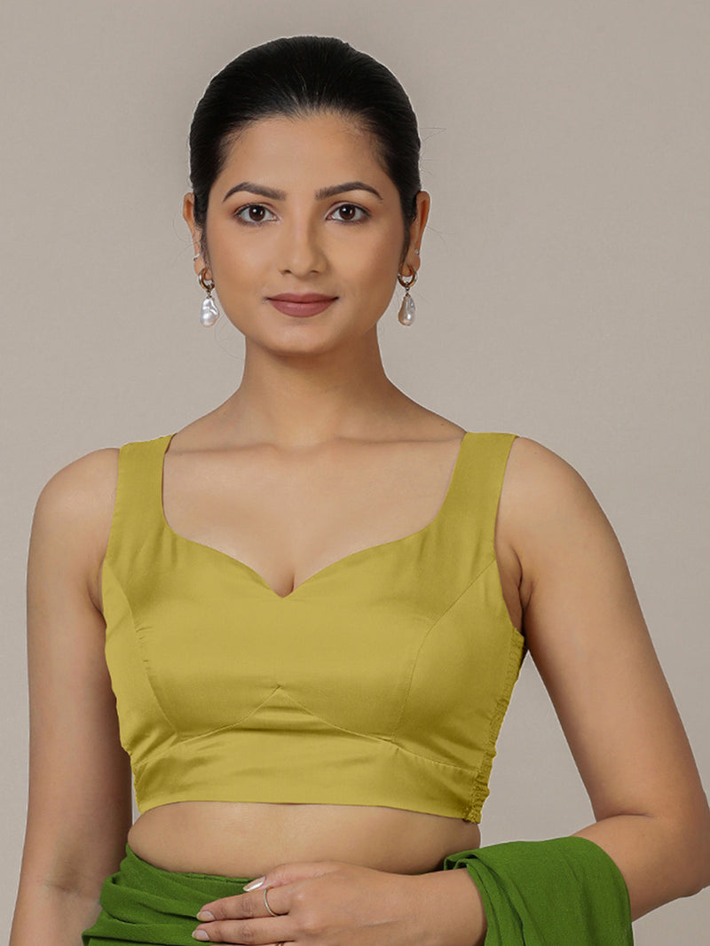 Ishika x Rozaana | Lemon Yellow Sleeveless FlexiFit™ Saree Blouse with Beetle Leaf Neckline and Back Cut-out with Tie-Up-Binks
