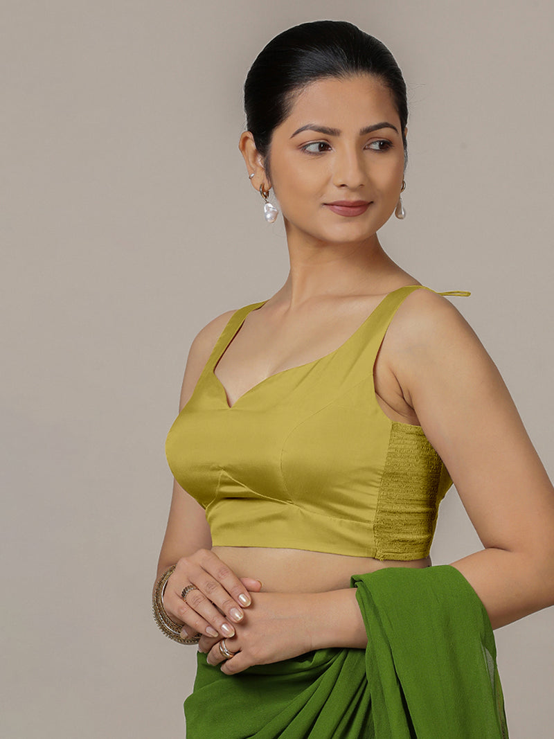 Ishika x Rozaana | Lemon Yellow Sleeveless FlexiFit™ Saree Blouse with Beetle Leaf Neckline and Back Cut-out with Tie-Up-Binks