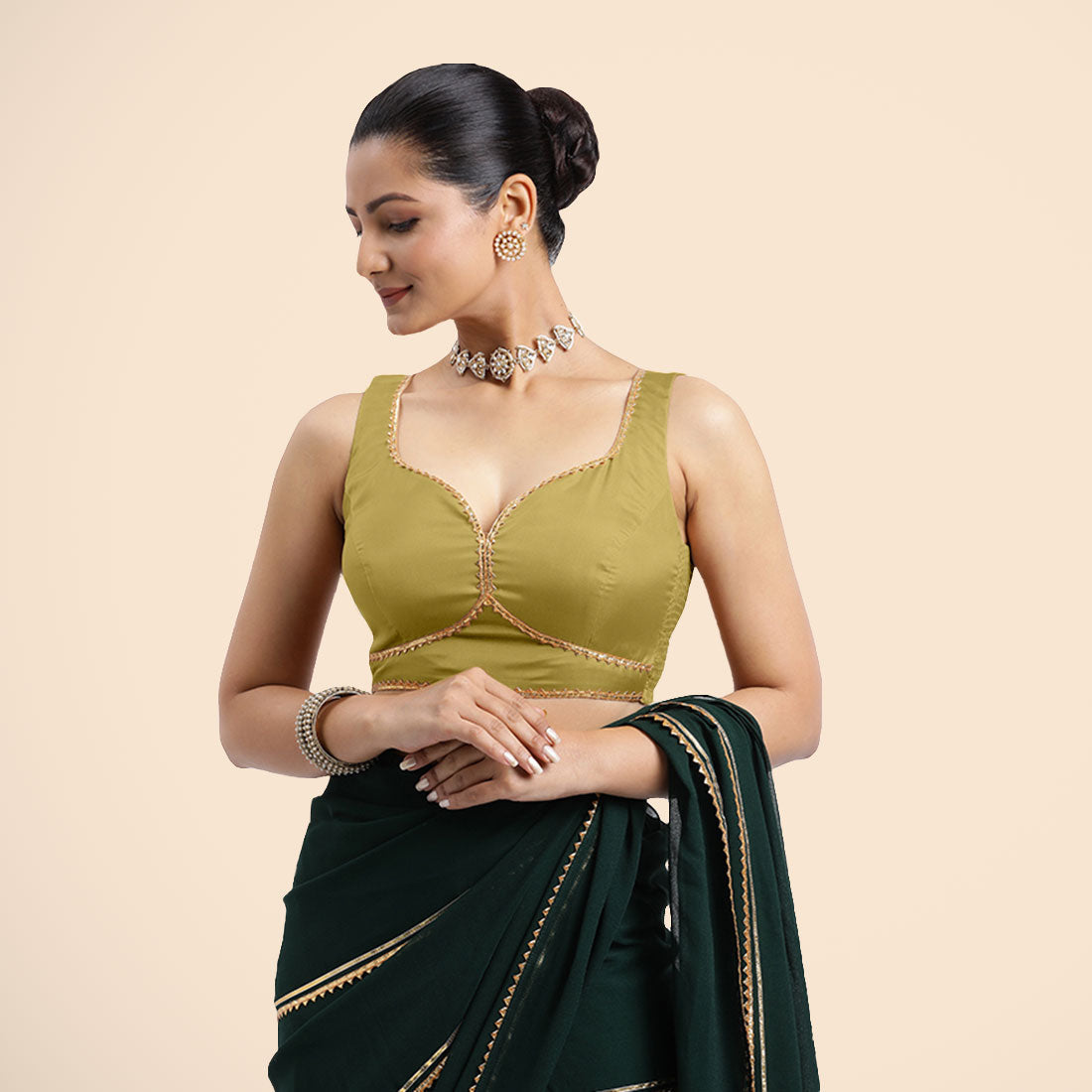 Ishika x Tyohaar Saree Blouse, in Yellow Vegan Silk, featuring sleeveless and sweetheart neckline, made for party & festive.