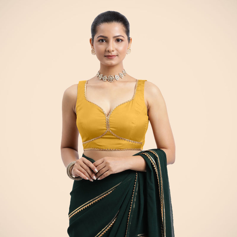 Ishika x Tyohaar | Sleeveless Marigold Yellow FlexiFit™ Gota Embellished Saree Blouse with Sweetheart Neck-Binks