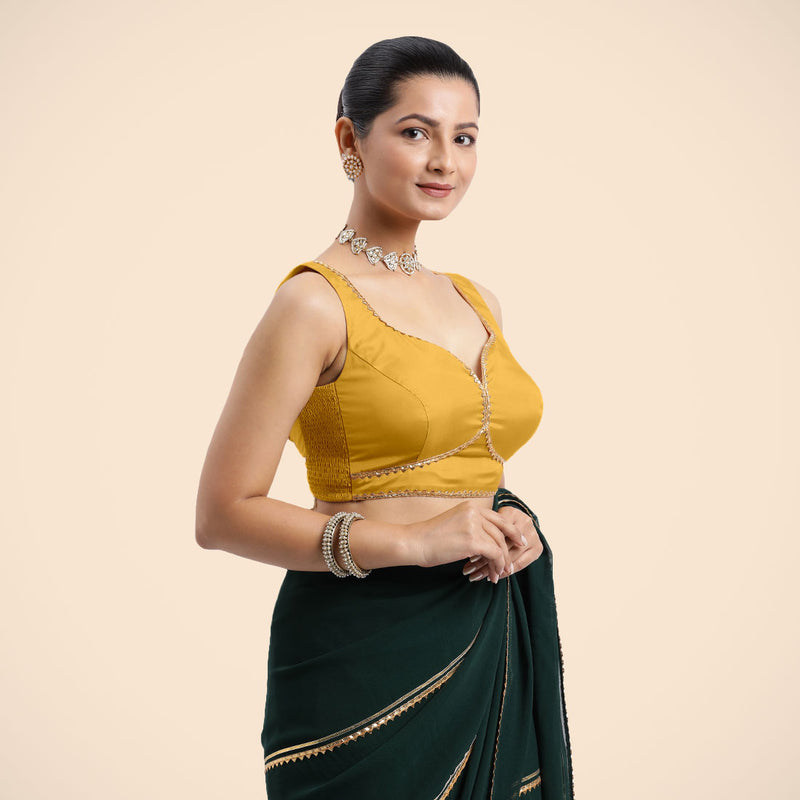 Ishika x Tyohaar | Sleeveless Marigold Yellow FlexiFit™ Gota Embellished Saree Blouse with Sweetheart Neck-Binks