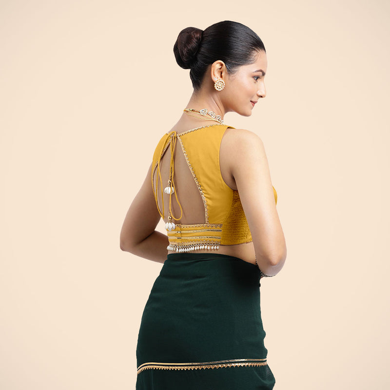 Ishika x Tyohaar | Sleeveless Marigold Yellow FlexiFit™ Gota Embellished Saree Blouse with Sweetheart Neck-Binks