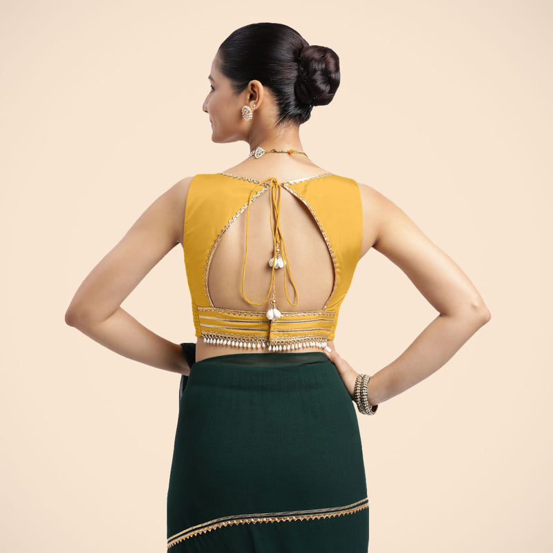 Ishika x Tyohaar | Sleeveless Marigold Yellow FlexiFit™ Gota Embellished Saree Blouse with Sweetheart Neck-Binks