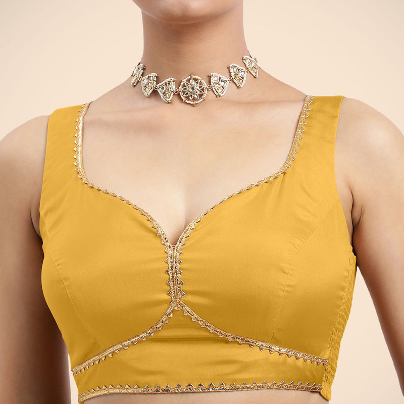 Ishika x Tyohaar | Sleeveless Marigold Yellow FlexiFit™ Gota Embellished Saree Blouse with Sweetheart Neck-Binks