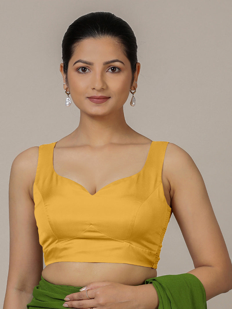 Ishika x Rozaana | Sleeveless Marigold Yellow FlexiFit™ Saree Blouse with Sweetheart Neck-Binks