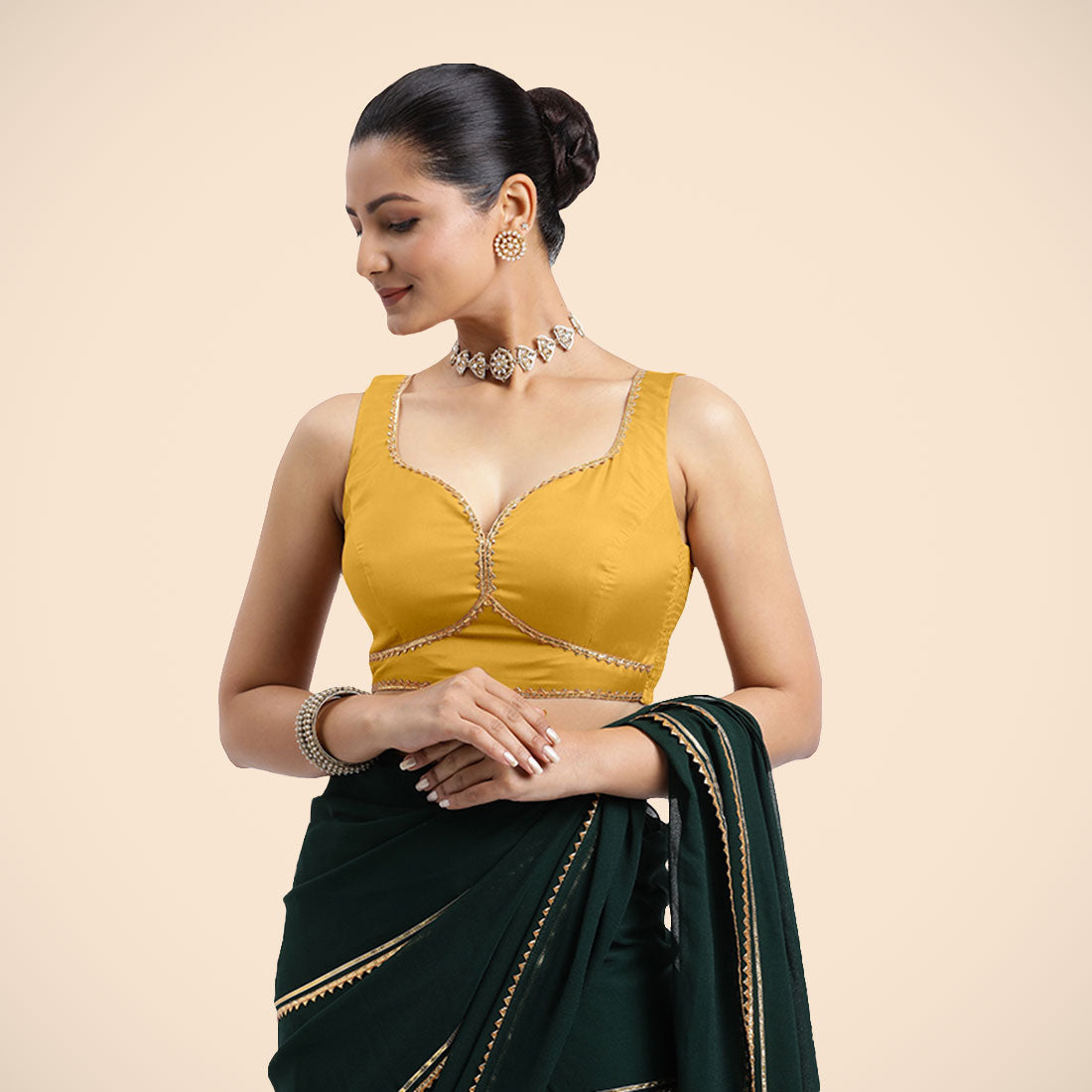 Ishika x Tyohaar Saree Blouse, in Yellow Artificial Silk, featuring sleeveless and sweetheart neckline (view 7).