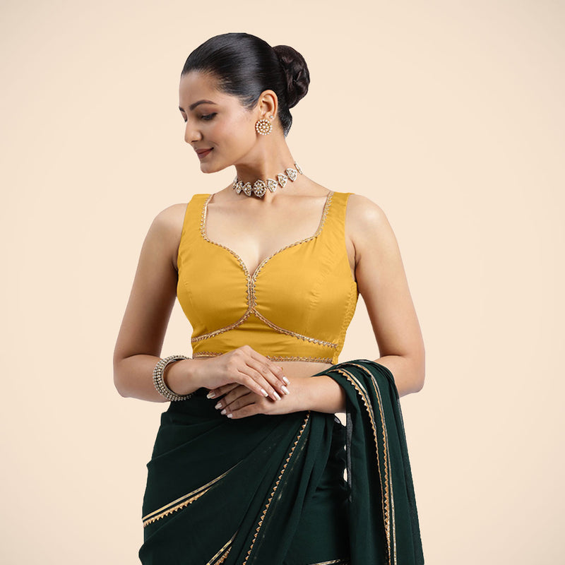 Ishika x Tyohaar | Sleeveless Marigold Yellow FlexiFit™ Gota Embellished Saree Blouse with Sweetheart Neck-Binks