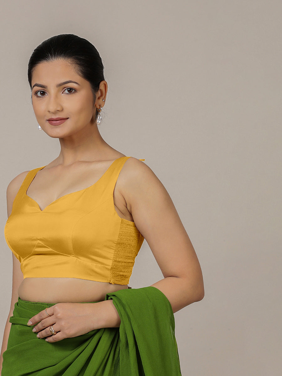 Ishika x Rozaana Saree Blouse, in Yellow Artificial Silk, featuring sleeveless and sweetheart neckline (view 7).