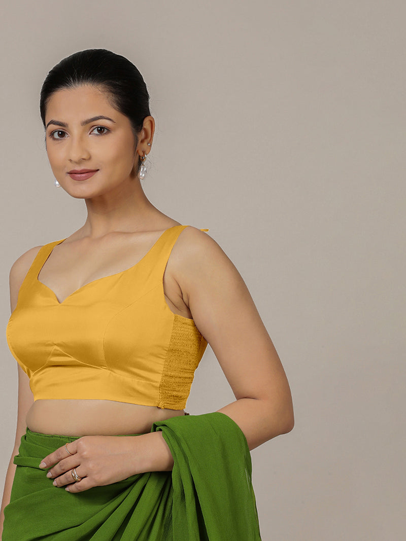 Ishika x Rozaana | Sleeveless Marigold Yellow FlexiFit™ Saree Blouse with Sweetheart Neck-Binks