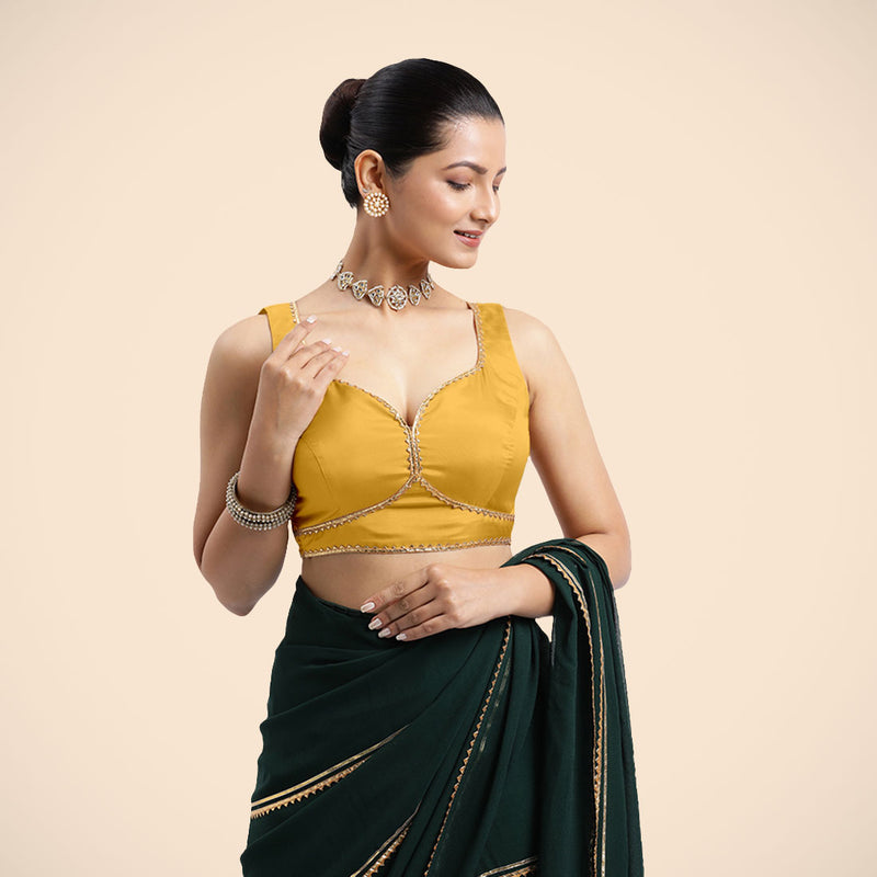 Ishika x Tyohaar | Sleeveless Marigold Yellow FlexiFit™ Gota Embellished Saree Blouse with Sweetheart Neck-Binks