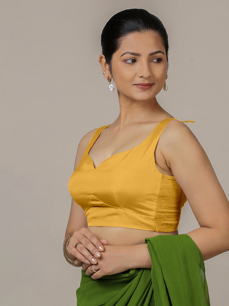 Ishika x Rozaana | Sleeveless Marigold Yellow FlexiFit™ Saree Blouse with Sweetheart Neck-Binks