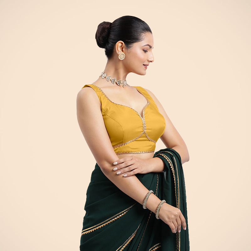 Ishika x Tyohaar | Sleeveless Marigold Yellow FlexiFit™ Gota Embellished Saree Blouse with Sweetheart Neck-Binks