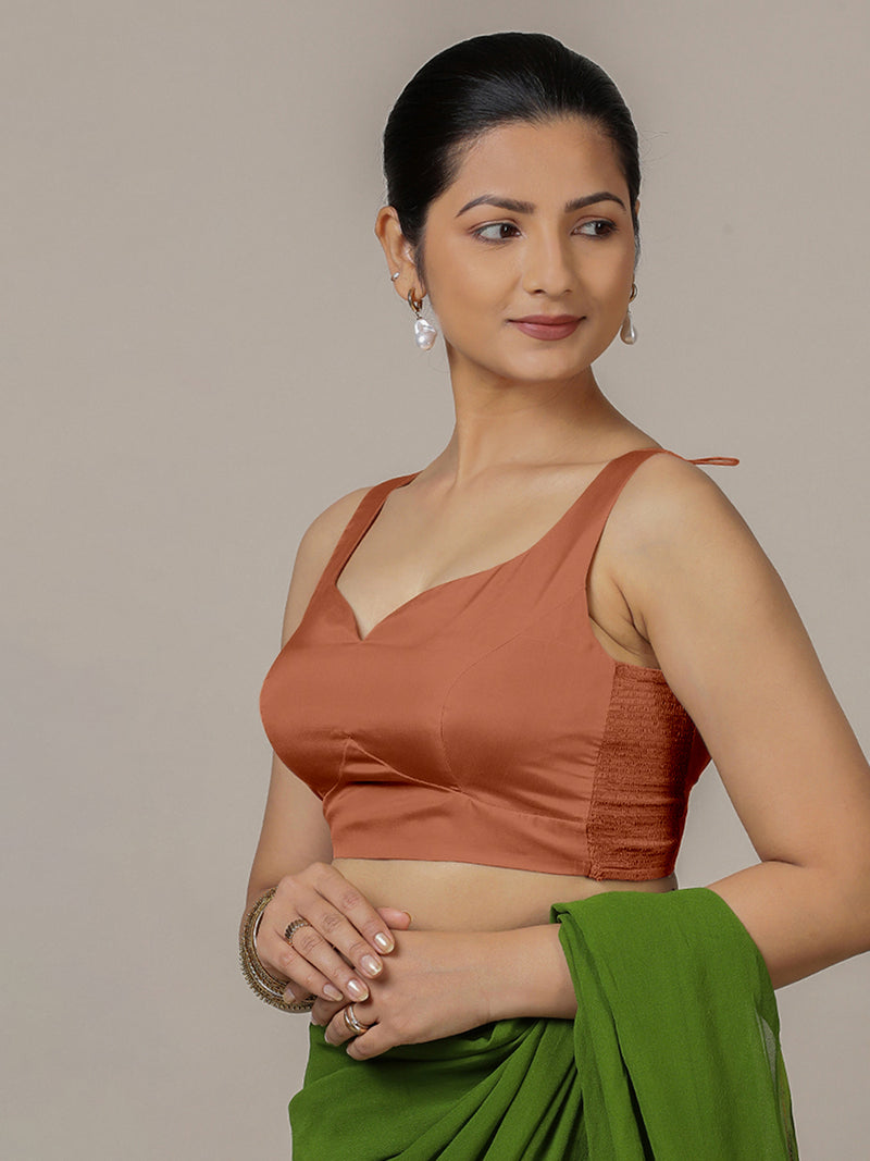 Ishika x Rozaana | Metallic Copper Sleeveless FlexiFit™ Saree Blouse with Beetle Leaf Neckline and Back Cut-out with Tie-Up-Binks