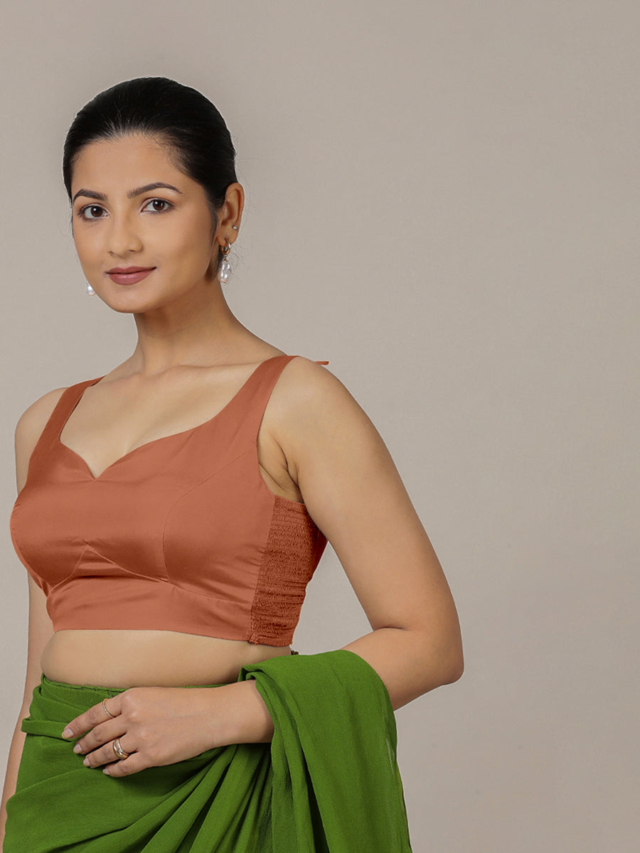 Ishika x Rozaana Saree Blouse, in Copper Vegan Silk, featuring sleeveless and sweetheart neckline, made for party & festive.