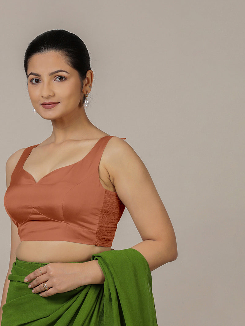 Ishika x Rozaana | Metallic Copper Sleeveless FlexiFit™ Saree Blouse with Beetle Leaf Neckline and Back Cut-out with Tie-Up-Binks