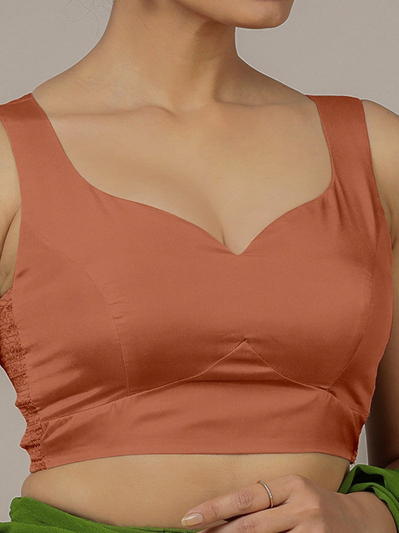 Ishika x Rozaana | Metallic Copper Sleeveless FlexiFit™ Saree Blouse with Beetle Leaf Neckline and Back Cut-out with Tie-Up-Binks