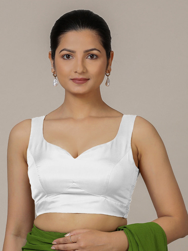 Ishika x Rozaana Saree Blouse, in White Vegan Silk, featuring sleeveless and sweetheart neckline, made for party & festive.