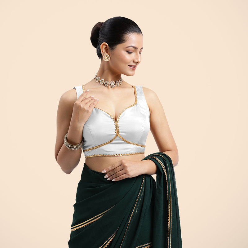 Ishika x Tyohaar | Pearl White Sleeveless FlexiFit™ Saree Blouse with Beetle Leaf Neckline with Golden Gota Lace and Back Cut-out with Tie-Up-Binks