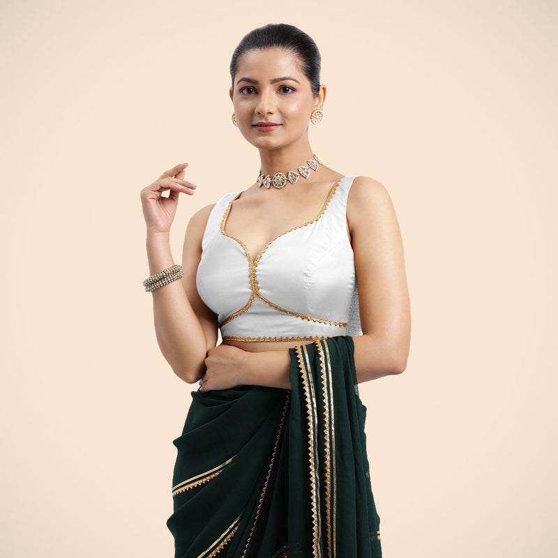 Ishika x Tyohaar | Pearl White Sleeveless FlexiFit™ Saree Blouse with Beetle Leaf Neckline with Golden Gota Lace and Back Cut-out with Tie-Up-Binks