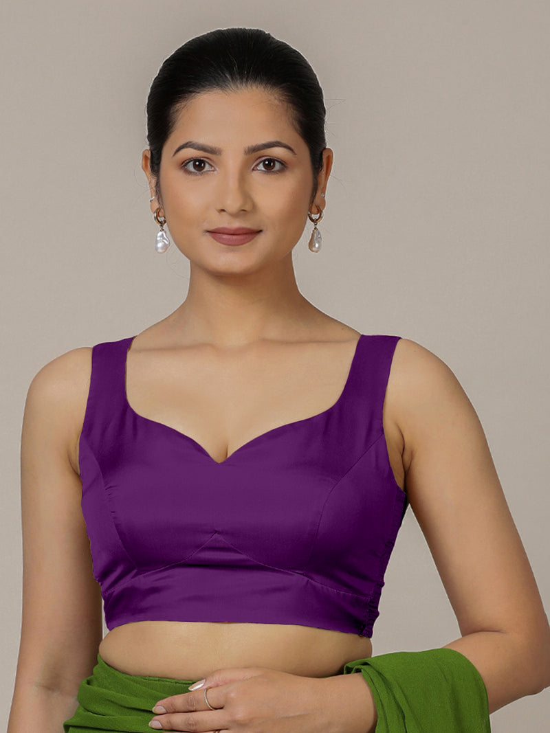 Ishika x Rozaana | Purple Sleeveless FlexiFit™ Saree Blouse with Beetle Leaf Neckline and Back Cut-out with Tie-Up-Binks