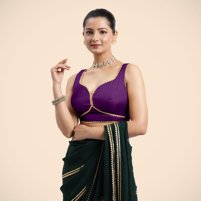 Ishika x Tyohaar | Purple Sleeveless FlexiFit™ Saree Blouse with Beetle Leaf Neckline with Golden Gota Lace and Back Cut-out with Tie-Up-Binks