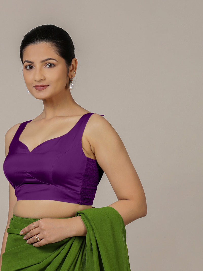 Ishika x Rozaana | Purple Sleeveless FlexiFit™ Saree Blouse with Beetle Leaf Neckline and Back Cut-out with Tie-Up-Binks