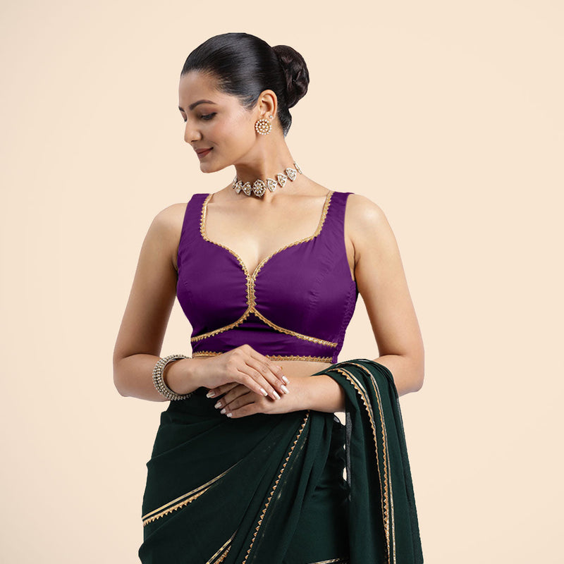 Ishika x Tyohaar | Purple Sleeveless FlexiFit™ Saree Blouse with Beetle Leaf Neckline with Golden Gota Lace and Back Cut-out with Tie-Up-Binks