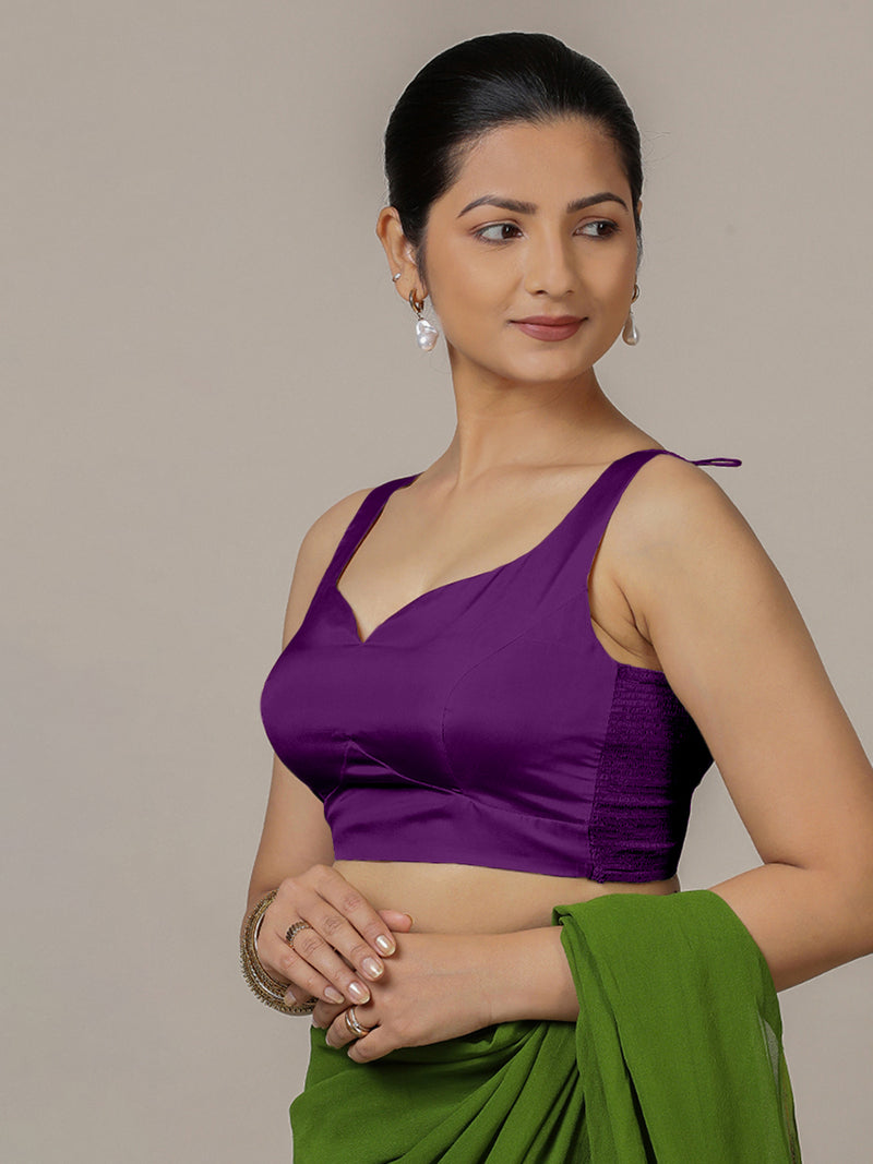 Ishika x Rozaana | Purple Sleeveless FlexiFit™ Saree Blouse with Beetle Leaf Neckline and Back Cut-out with Tie-Up-Binks