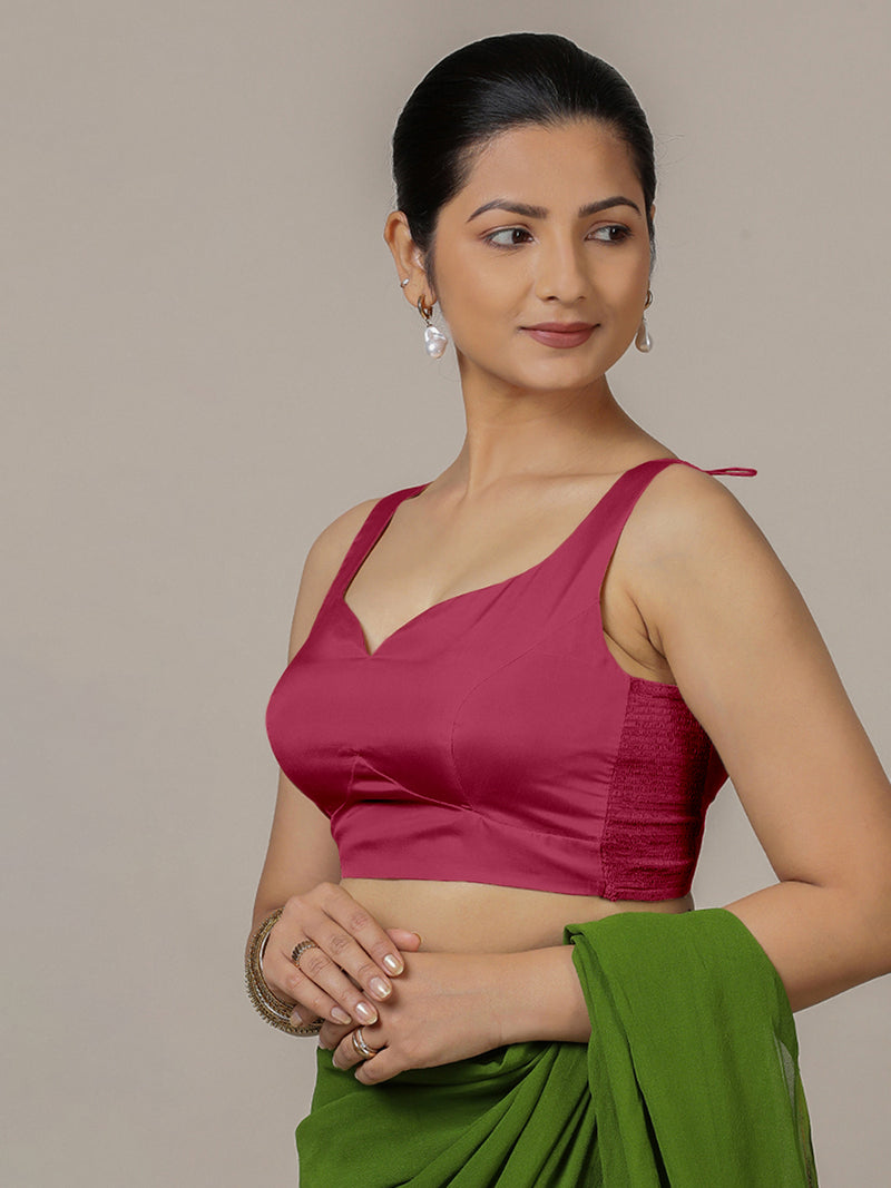 Ishika x Rozaana | Rani Pink Sleeveless FlexiFit™ Saree Blouse with Beetle Leaf Neckline and Back Cut-out with Tie-Up-Binks