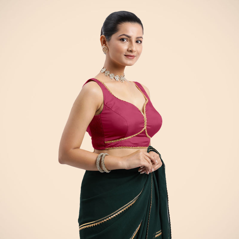 Ishika x Tyohaar | Rani Pink Sleeveless FlexiFit™ Saree Blouse with Beetle Leaf Neckline with Golden Gota Lace and Back Cut-out with Tie-Up-Binks